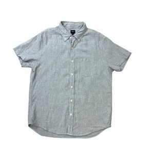 J Crew Factory Linen-Blend Shirt Men's Sz L Short Sleeve Light Blue Preppy